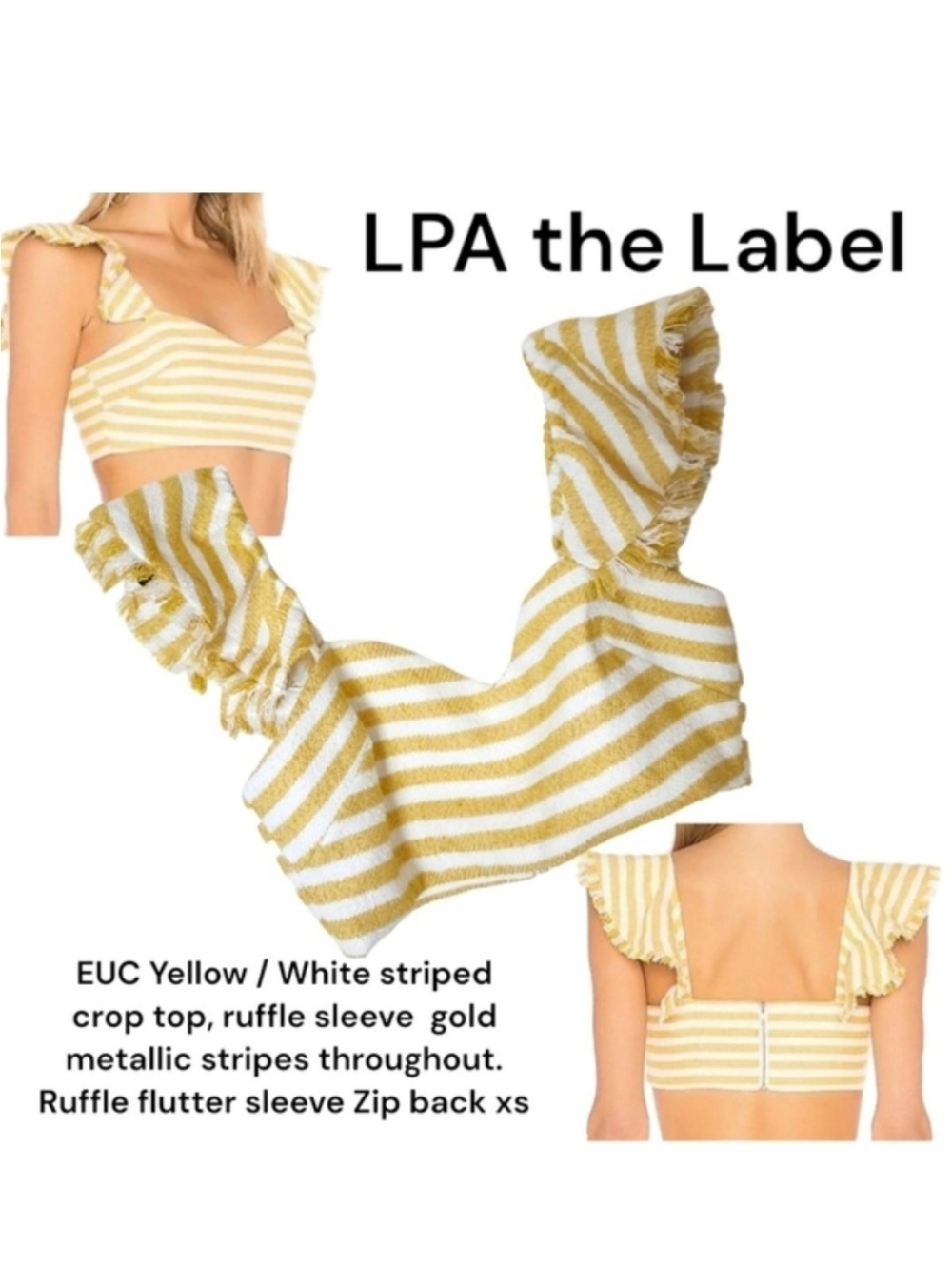 LPA the Label Yellow White stripe gold shimmer crop top ruffle sleeve women's xs